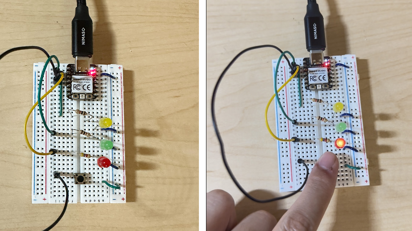 LED circuit on a breadboard with the XIAO RP2040 and a push button